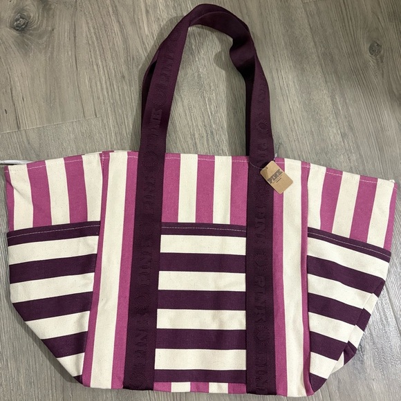 Victoria's Secret PINK Tote Bag Striped Canvas Logo Zip Beach Bag 2024 Purple - Picture 1 of 11